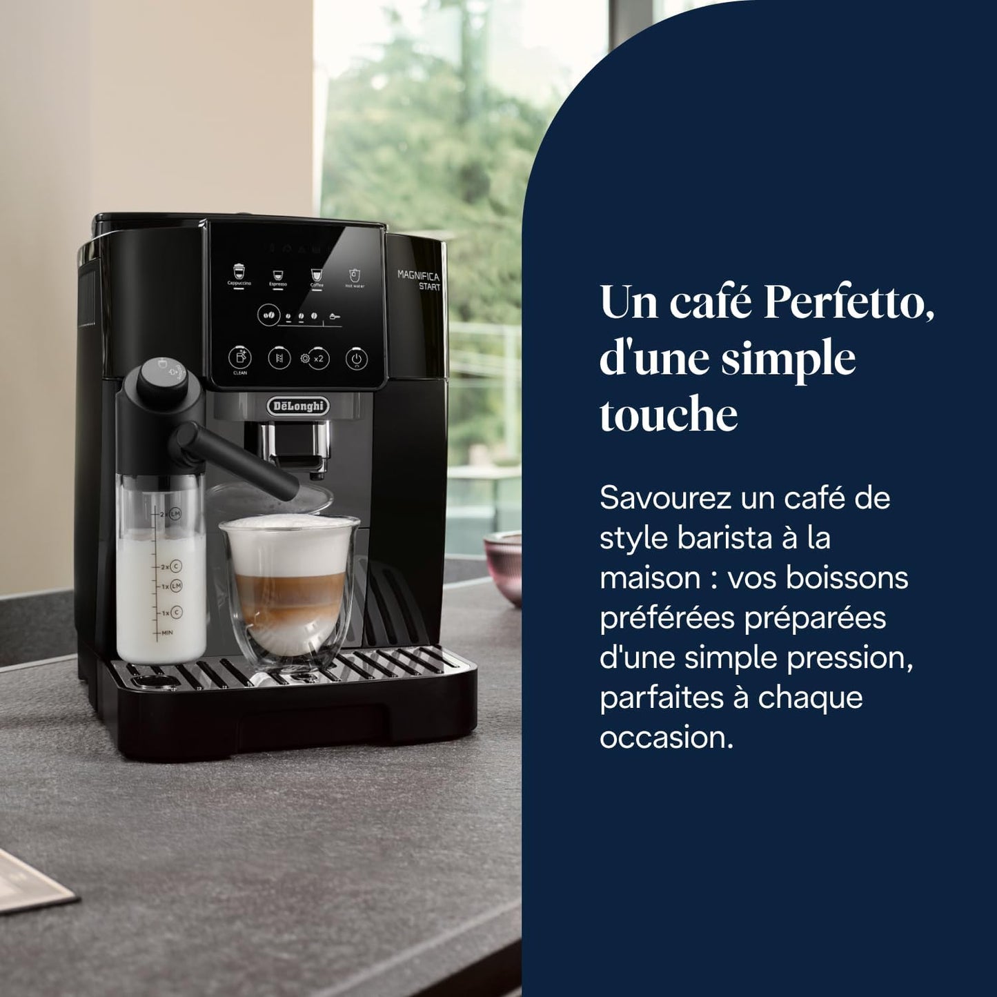 Magnifica Start - Perfetto Machine à Café Automatique avec LatteCrema Mousseur à Lait Automatique, 4 Boissons Enregistrées, Commandes Soft Touch, Noir et Gris (ECAM222.60.BG)