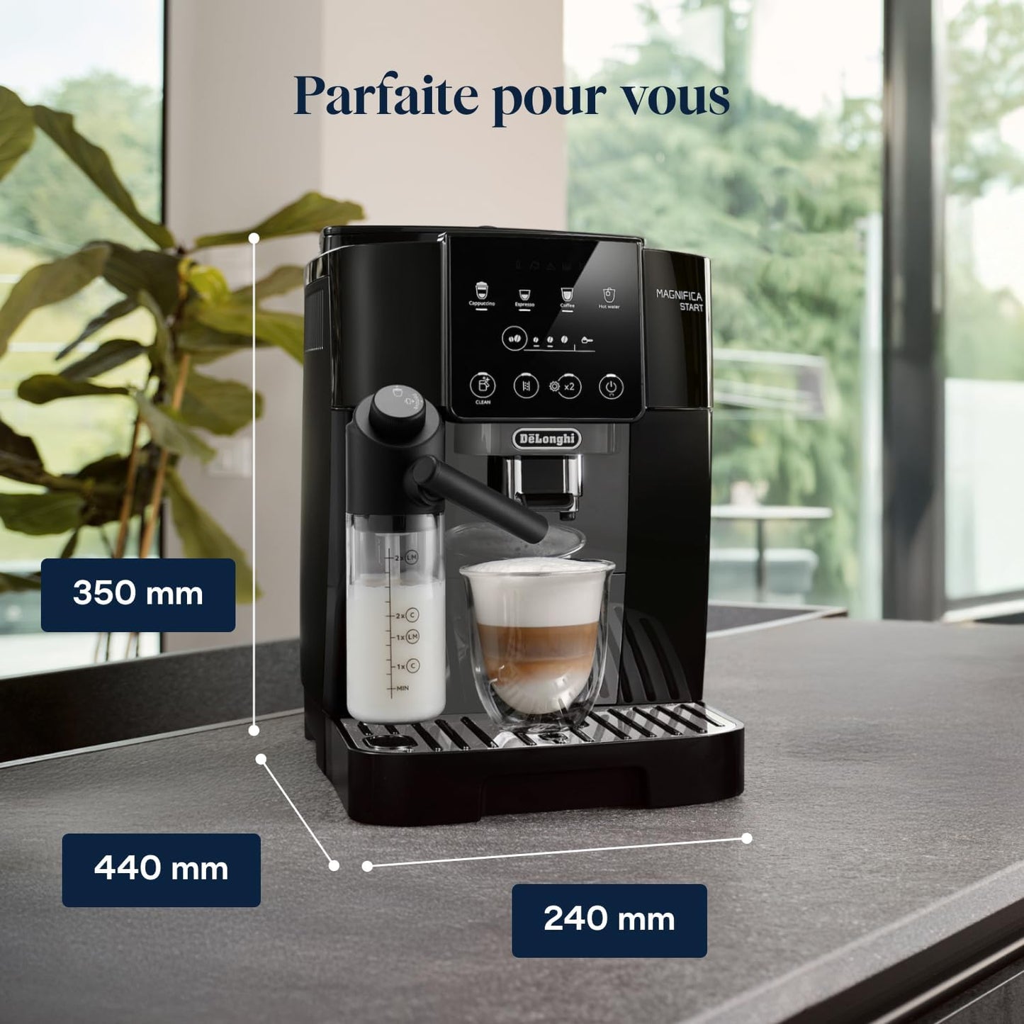 Magnifica Start - Perfetto Machine à Café Automatique avec LatteCrema Mousseur à Lait Automatique, 4 Boissons Enregistrées, Commandes Soft Touch, Noir et Gris (ECAM222.60.BG)