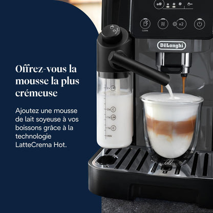 Magnifica Start - Perfetto Machine à Café Automatique avec LatteCrema Mousseur à Lait Automatique, 4 Boissons Enregistrées, Commandes Soft Touch, Noir et Gris (ECAM222.60.BG)